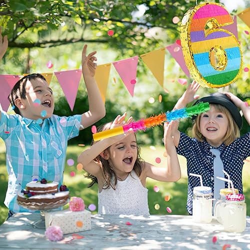 Miniatura 6 de MUWOOB Piñata arcoíris número 6 para decoraciones de fiesta de cumpleaños 6, piñata de cumpleaños con palo y confeti, celebración de aniversario