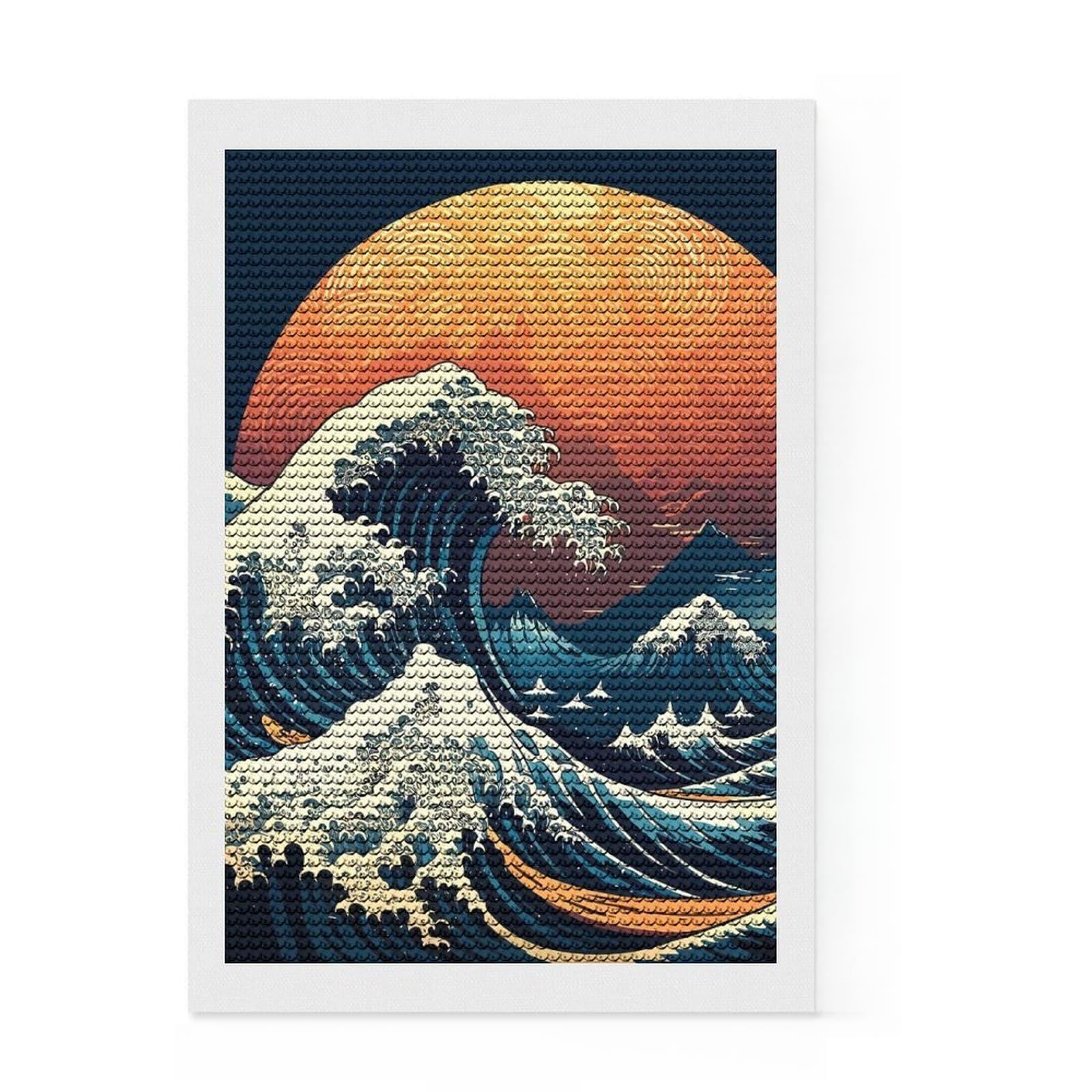 Junmoney Sea Wave Japanese Art 3 DIY Diamond Art Canvas Kit 8"x12", Sparkling Crystal Beads, Modern Decor, Boho Decor, Christmas Gift