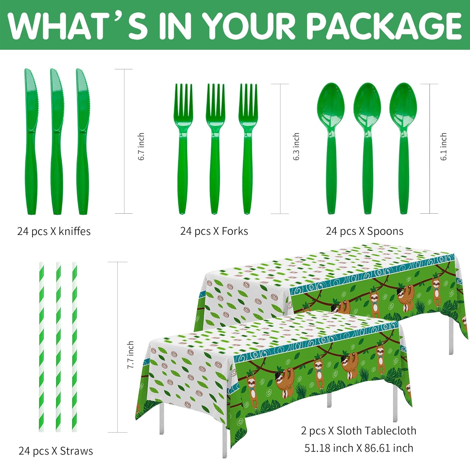 Sloth Birthday Party Supplies - Sloth Party Decorations Tableware, Plate, Cup, Napkin, Tablecloth, Cutlery, Straw, Animal Theme Birthday Baby Shower Decorations Dinnerware | Serve 24