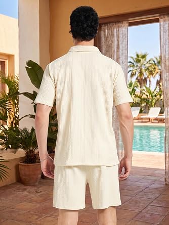yuyangdpb Men's 2 Piece Summer Vacation Outfits Polo Shirt & Shorts Set | Breathable Textured Knit Fabric, Stretchy, Soft, Moisture-wicking, Lightweight, Ideal for Beach Casual Tracksuit, M-2XL