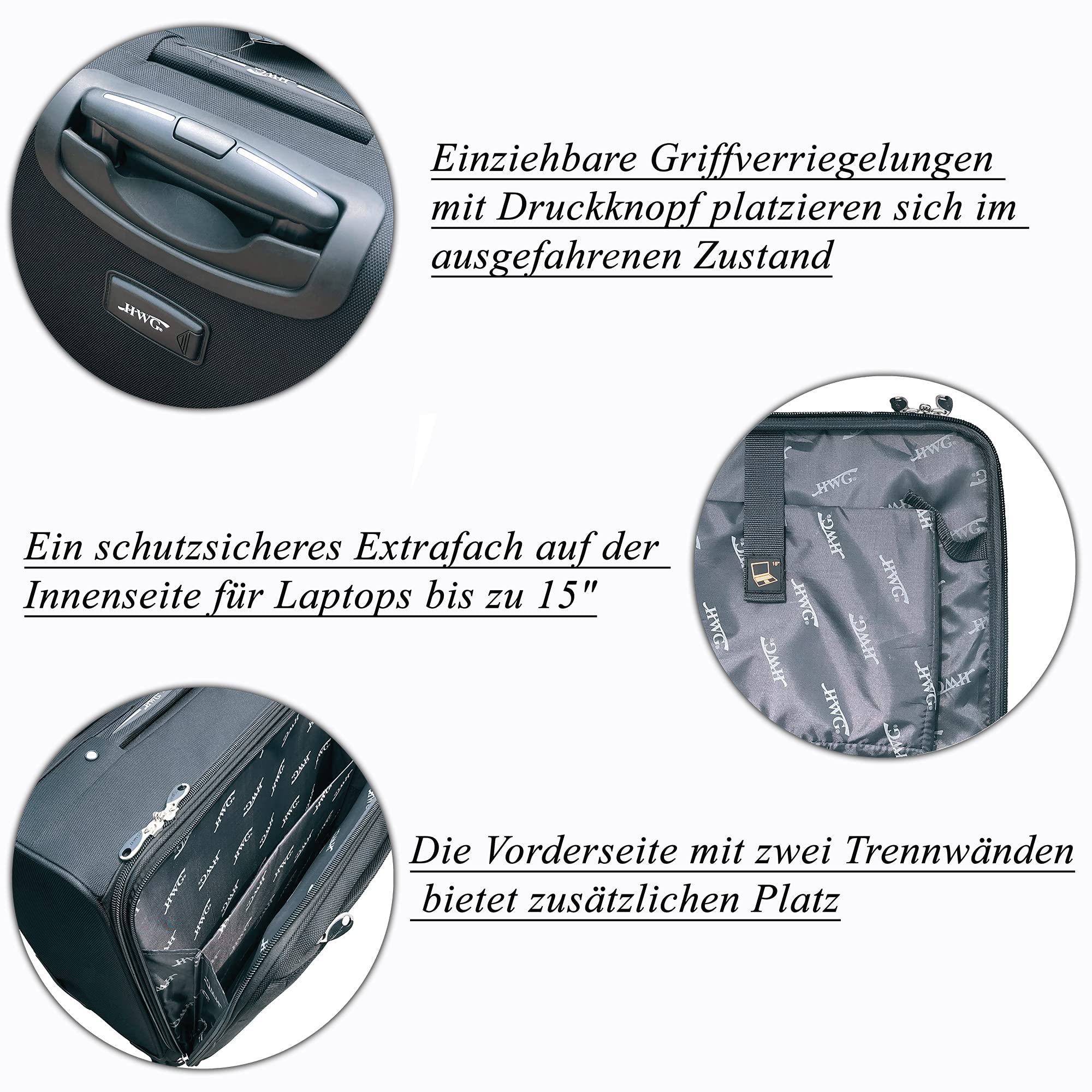 HWG® Pilotenkoffer mit Laptopfach - 4 Rollen Businessgepäck Trolley - Reisegepäck Reisekoffer - Aktenkoffer für Business - Schwarz, 45x50x25 cm