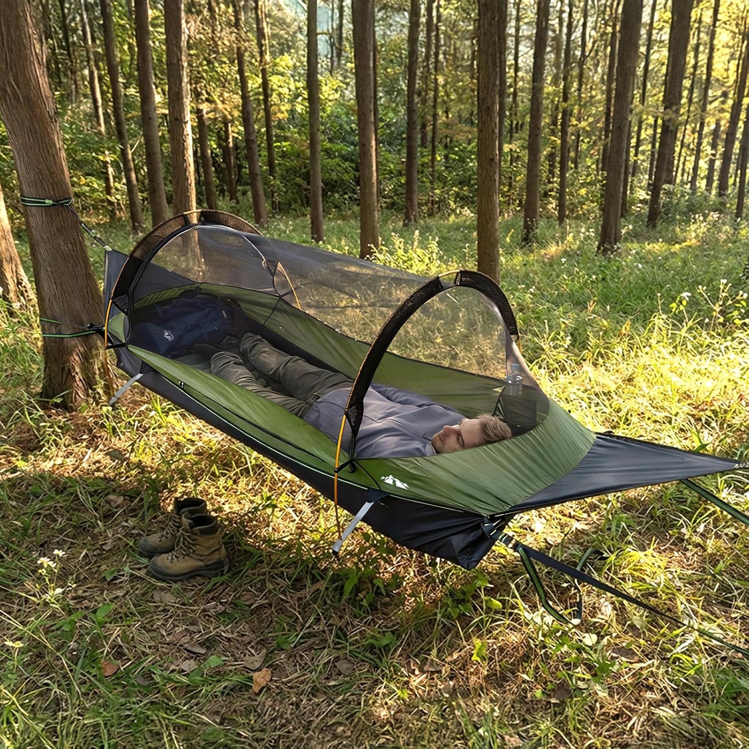 Night Cat Flat Lay Hammock Tent with Mosquito Net Waterproof Rainfly for 1 Person Backpacking Hiking Camping Lightweight 330LBS 87x28x19in
