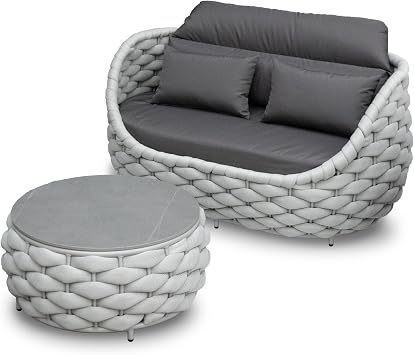 Patio Loveseat with Table Aluminum Hand Woven Rope 2 Pieces Patio Furniture Set - Cushioned Outdoor Seating Set - Modern Couch Assembled - Metal Lounge Set for Porch Balcony Deck Garden Hotel