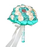 Angel Isabella Elegant Fabric Bouquet in Ivory and Jade Color, Brooch,Button,and Seashell Accents