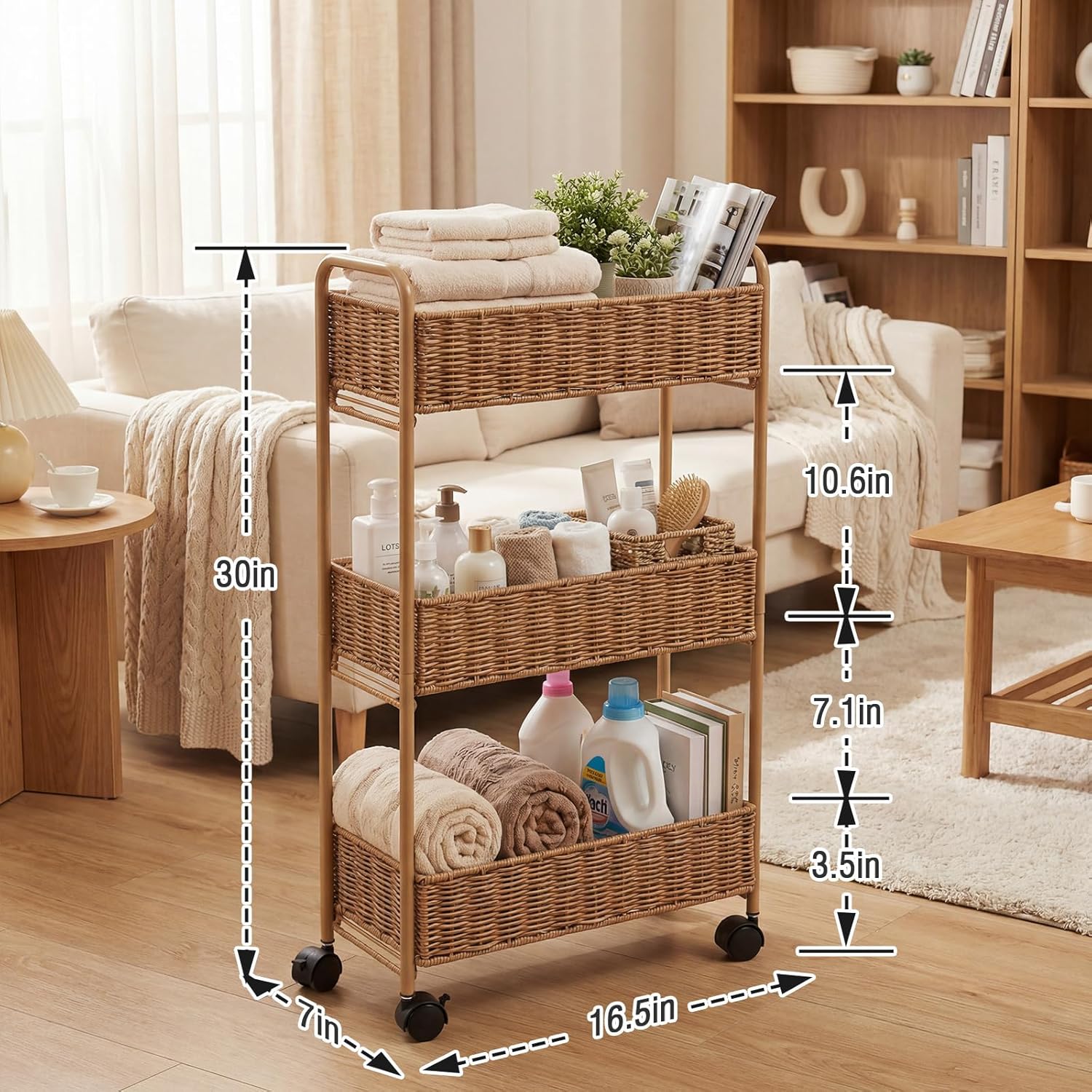 FOCHIER F Utility Slim Storage Cart,3-Tier Rolling Kitchen Office Laundry Room Cart,Mobile Shelving Unit Organizer for Living Room Bathroom Baby Diaper Narrow Places (Natural, 3 Tiers-7.1 inch (W))