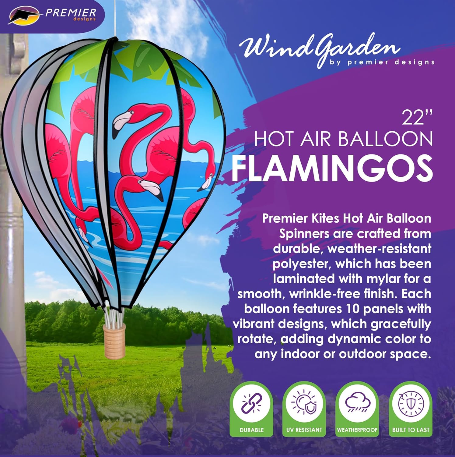 Hot Air Balloon Hanging Garden Spinner 22" - Vibrant Flamingo Design, Weather-Resistant Outdoor Decor, Durable & Lightweight for Patios, Yards, and Gardens - Eye-Catching Wind Spinner