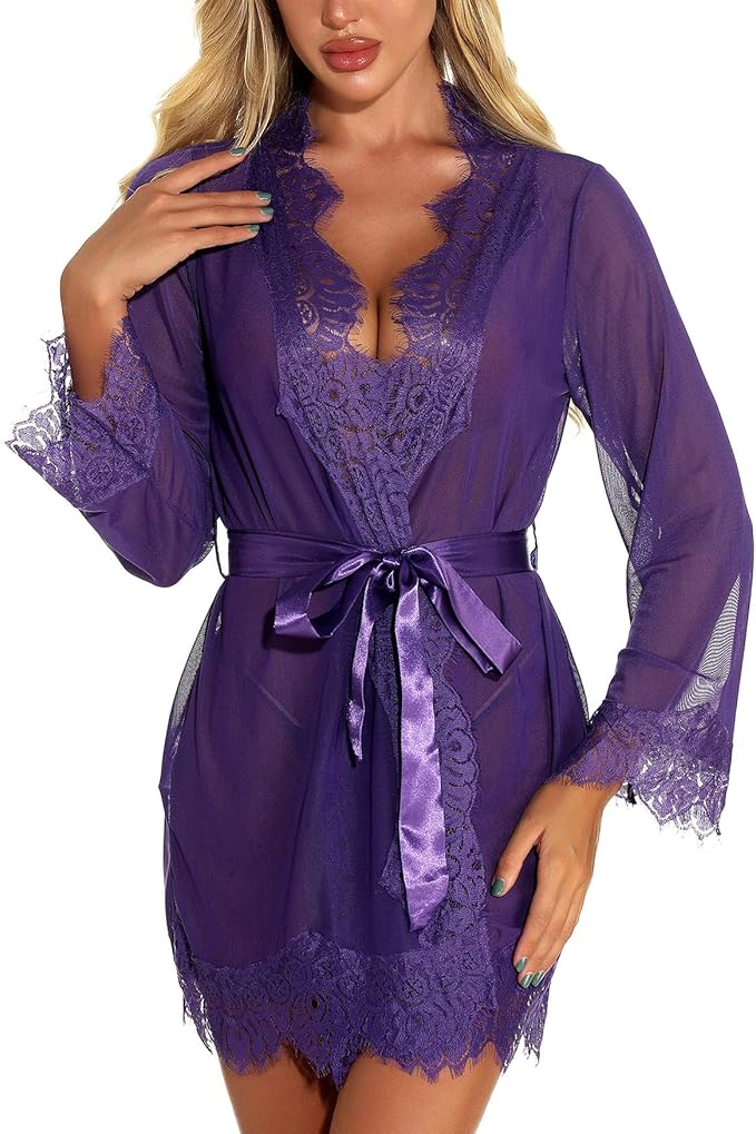 Ensemble Déshabillé Kimono Nuisette de Chambre Dentelles Femme violet
