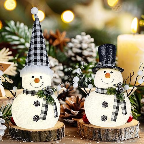 Miniatura 6 de Paquete de 2 decoraciones navideñas en blanco y negro, muñecos de nieve iluminados de 14 pulgadas, decoración de granja a cuadros, centros de mesa,