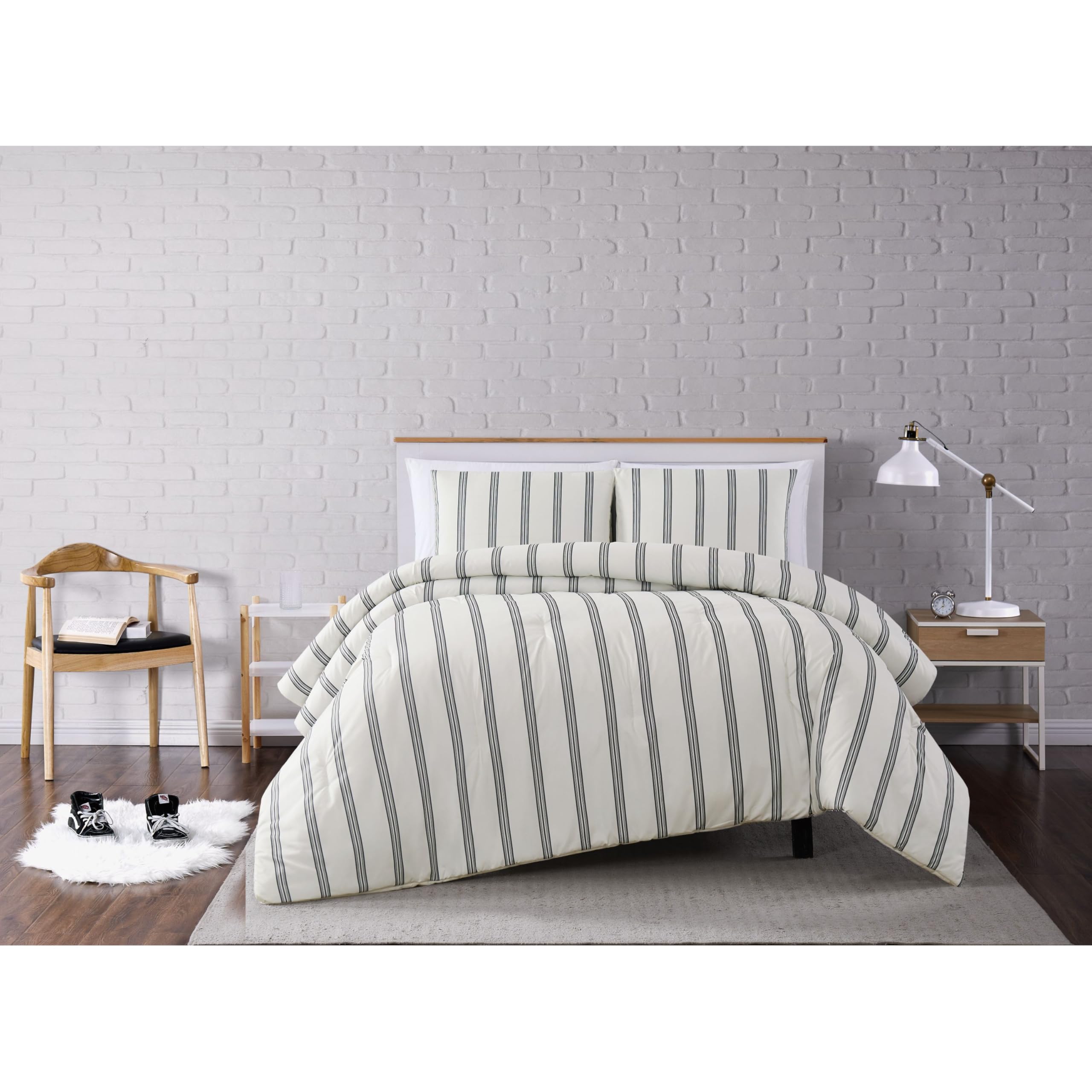 Truly Soft Everyday Kurt - Edredón De Rayas Blancas Y Negras, Marfil/Negro, Individual Extra Grande, 1