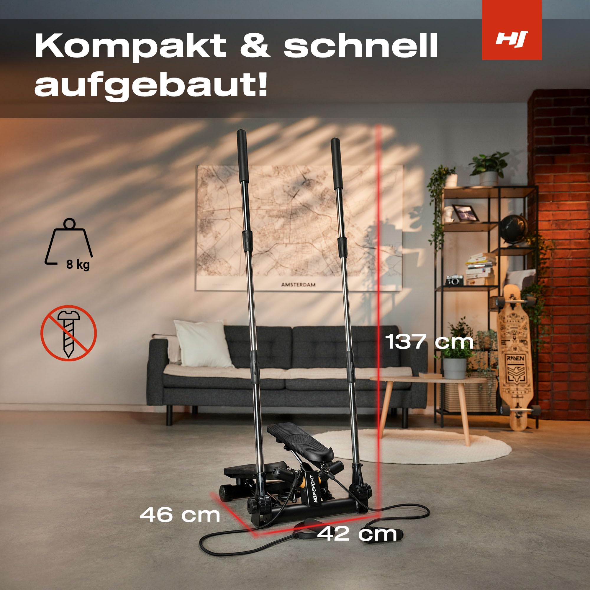 Hop-Sport Swing Stepper HS-050S Norg, Up-Down-Side-Stepper für Zuhause mit Haltegriffen, Expander & LCD-Display, Ganzkörpertraining mit einem Sportgerät