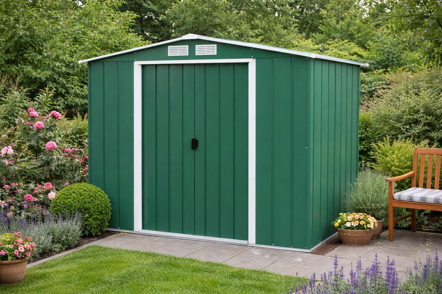 Duramax ECO 8 x 8 (5.89 m²) Metallgerätehaus, feuerverzinktes Metall gerätehaus - Geräteschuppen, verstärkte Dachkonstruktion, wartungsfreier und wetterfester Metallschuppen, Grün