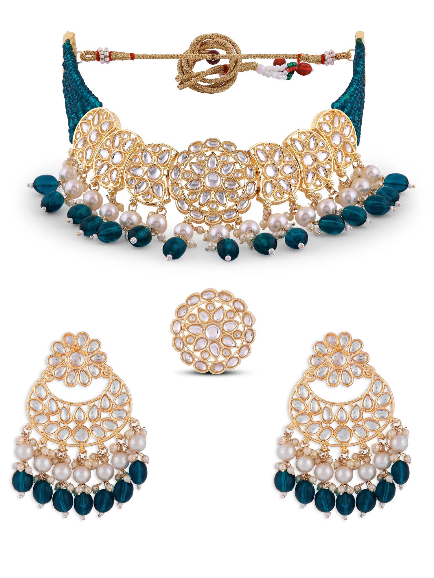 ZAVERI PEARLS Peacock Green Multistrand Crystal Kundan Bib Necklace Earring Ring Set For Women-ZPFK16366 (B0CGNTT5S6) Amazon Price History, Amazon Price Tracker