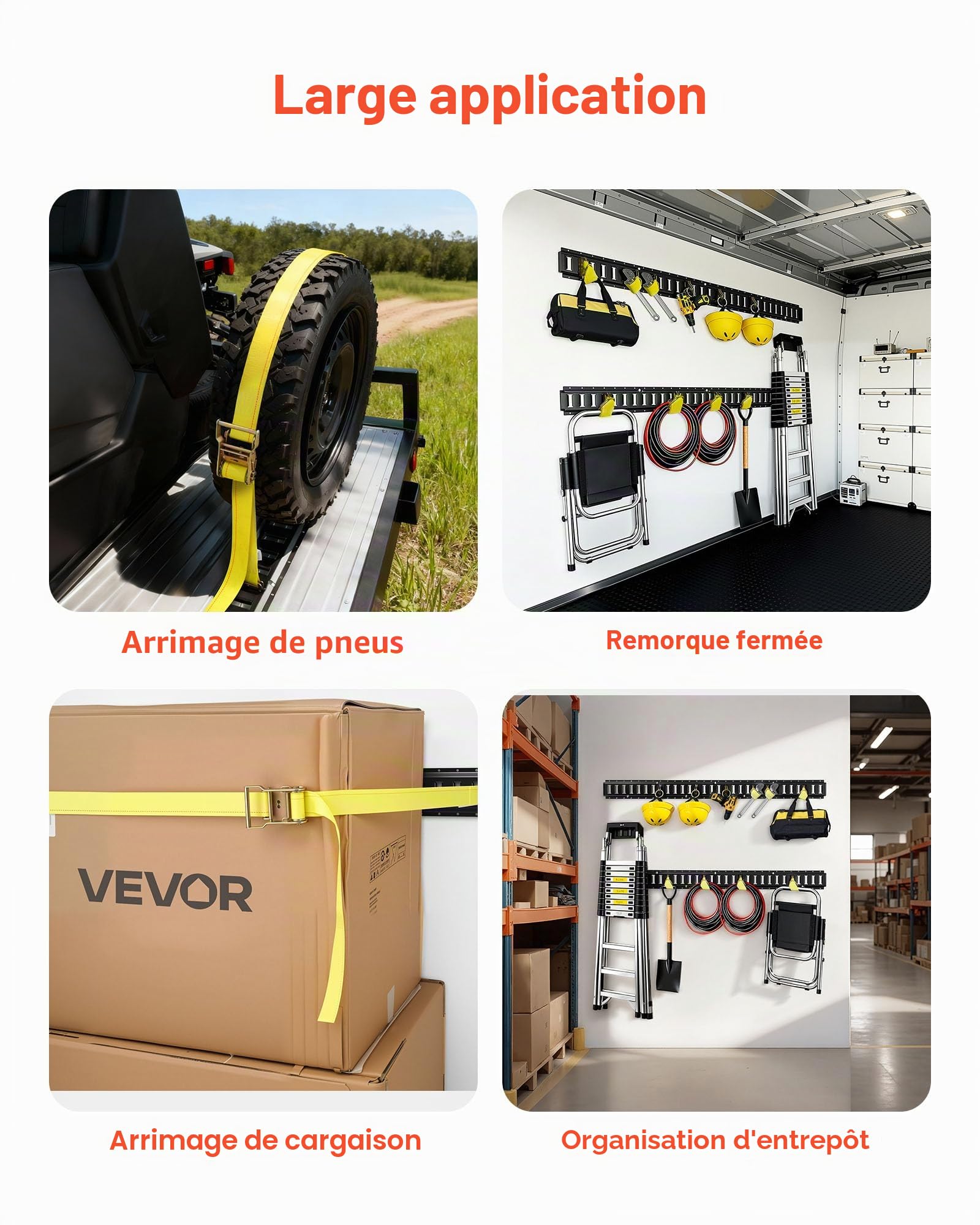 VEVOR Kit Rails Arrimage E-Track, 6 Rails E Track de 1,5 m, 26 Accessoires Comprenant 2 Sangles à Cliquet, 6 Joints Toriques, 6 Attaches avec Anneau en D, 12 Embouts, pour Fourgons Remorques Garages