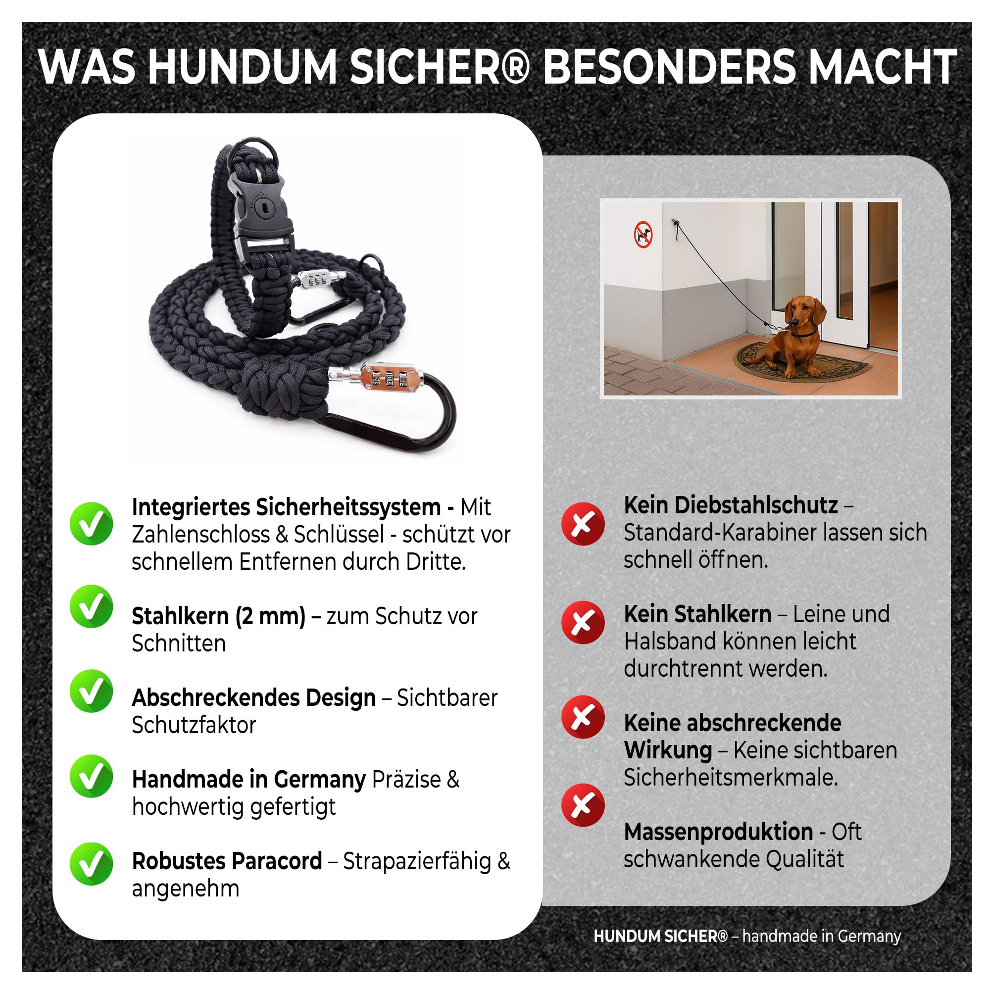 Anti-Diebstahl Hundehalsband & Leine für kleine Hunde - Abschließbar & schnittfest, Paracord Set mit Stahlseil-Kern (150cm)