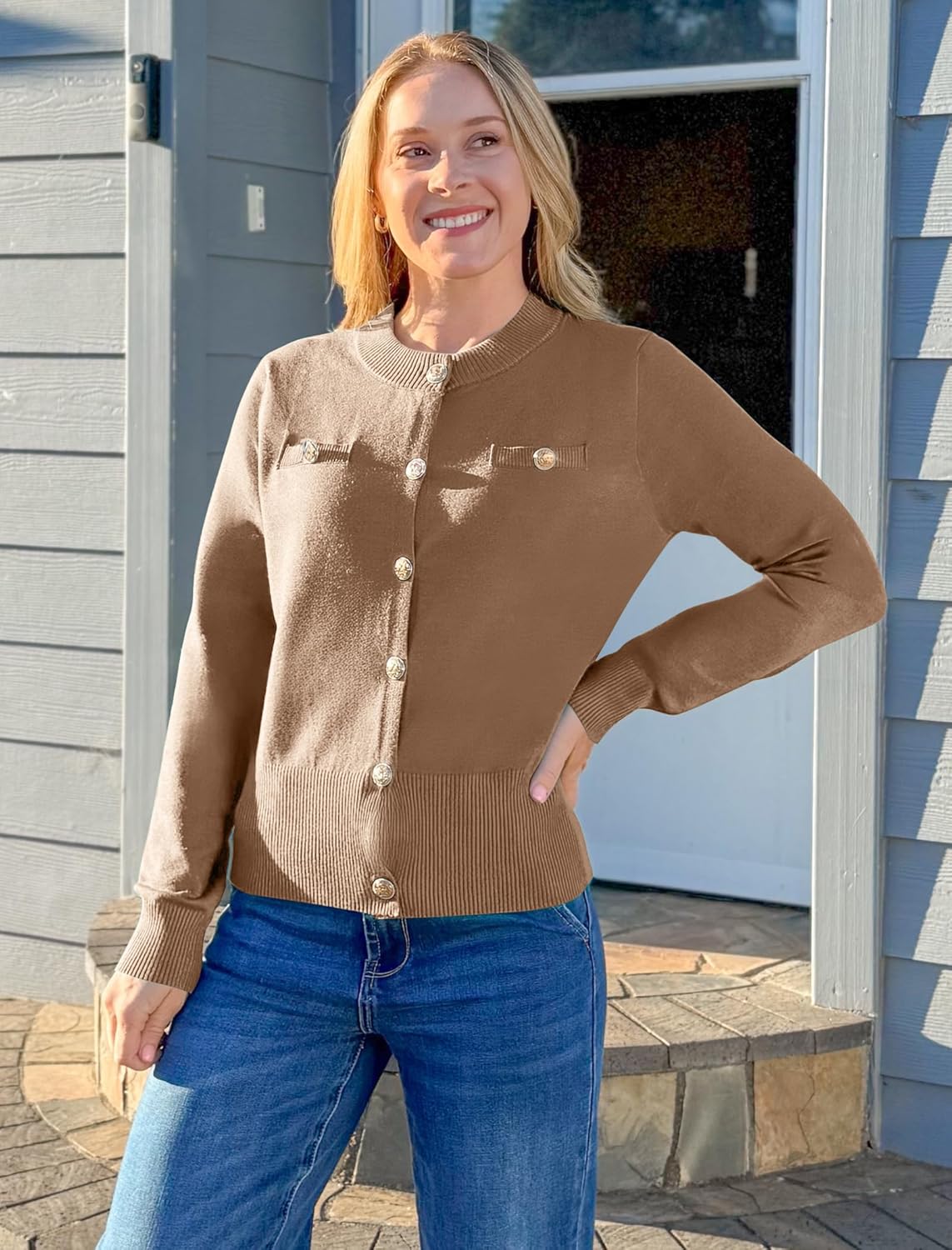 ZAFUL Womens Fall Button Up Cardigan 2025 Lightweight Crew Neck Open Front Long Sleeve Knit Sweater Blazers - Image 8