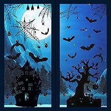 Larcenciel Halloween Window Stickers, 6 Sheets 90 Pieces Double Sided Halloween Decoration, Scary House Window Stickers, Bat Spider Web Halloween Decoration (20 x 30 cm)