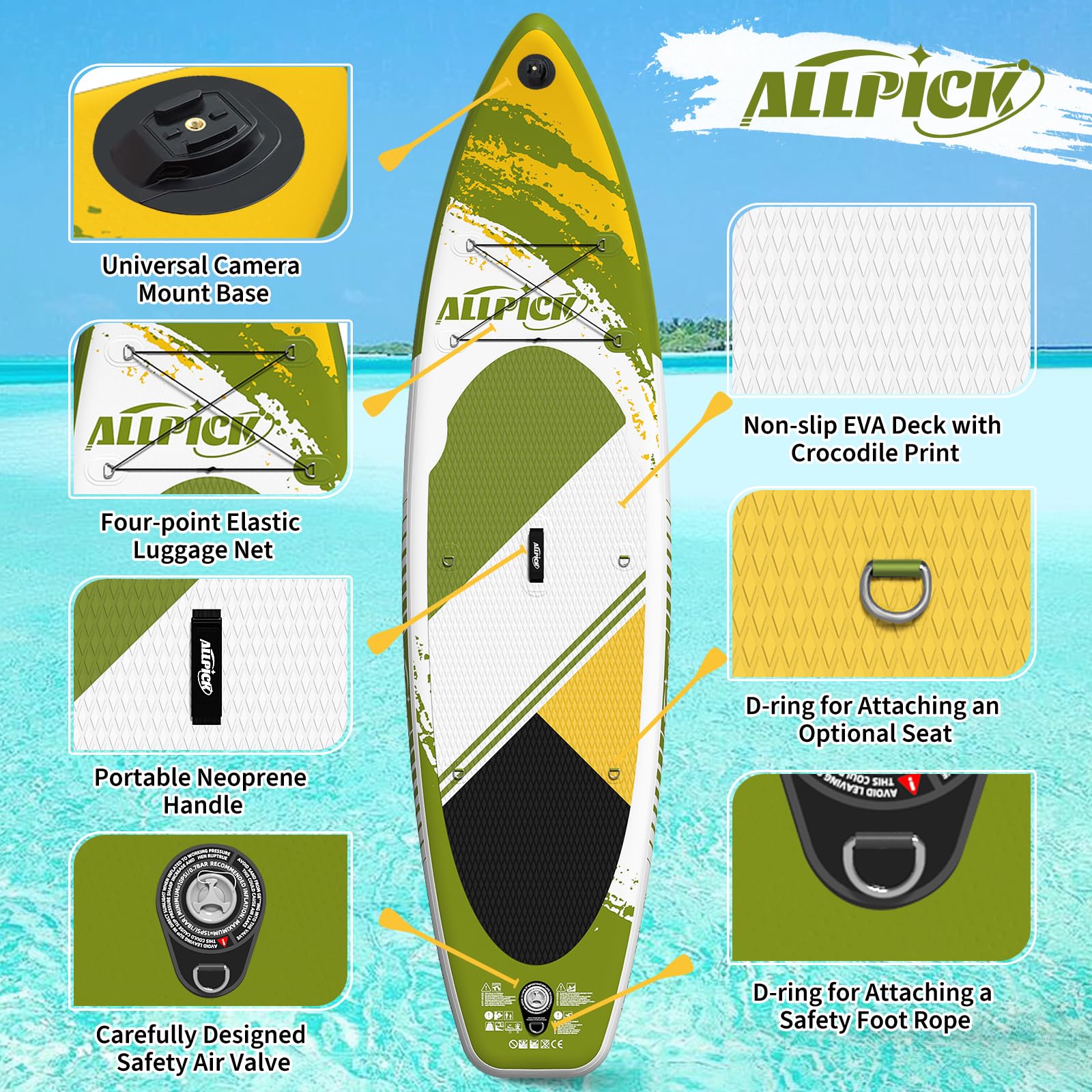 ALLPICK Sup Gonfiabile, Stand Up Paddle Board Gonfiabile, Con Supporto Universale per Fotocamera, Accessori Completi, Tavola da Sup Surf, Principianti e Avanzati, 150kg/180kg