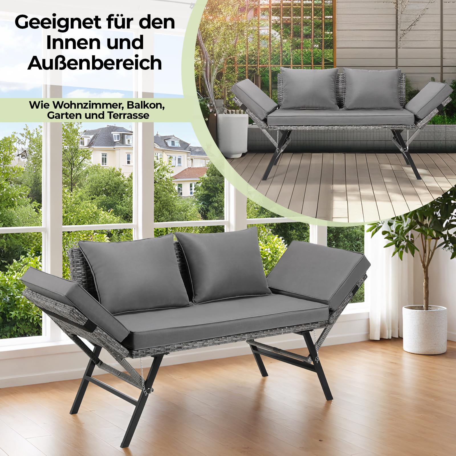 LIFERUN Rattan-Gartenbank Für Garten, Terrasse,Balkon,Poolbereich,Innenhof, Polyrattan,Loungesofa,Gartensofa,2-Sitzer,Verstellbare Armlehnen,Outdoor Sofa,Graues Rattan