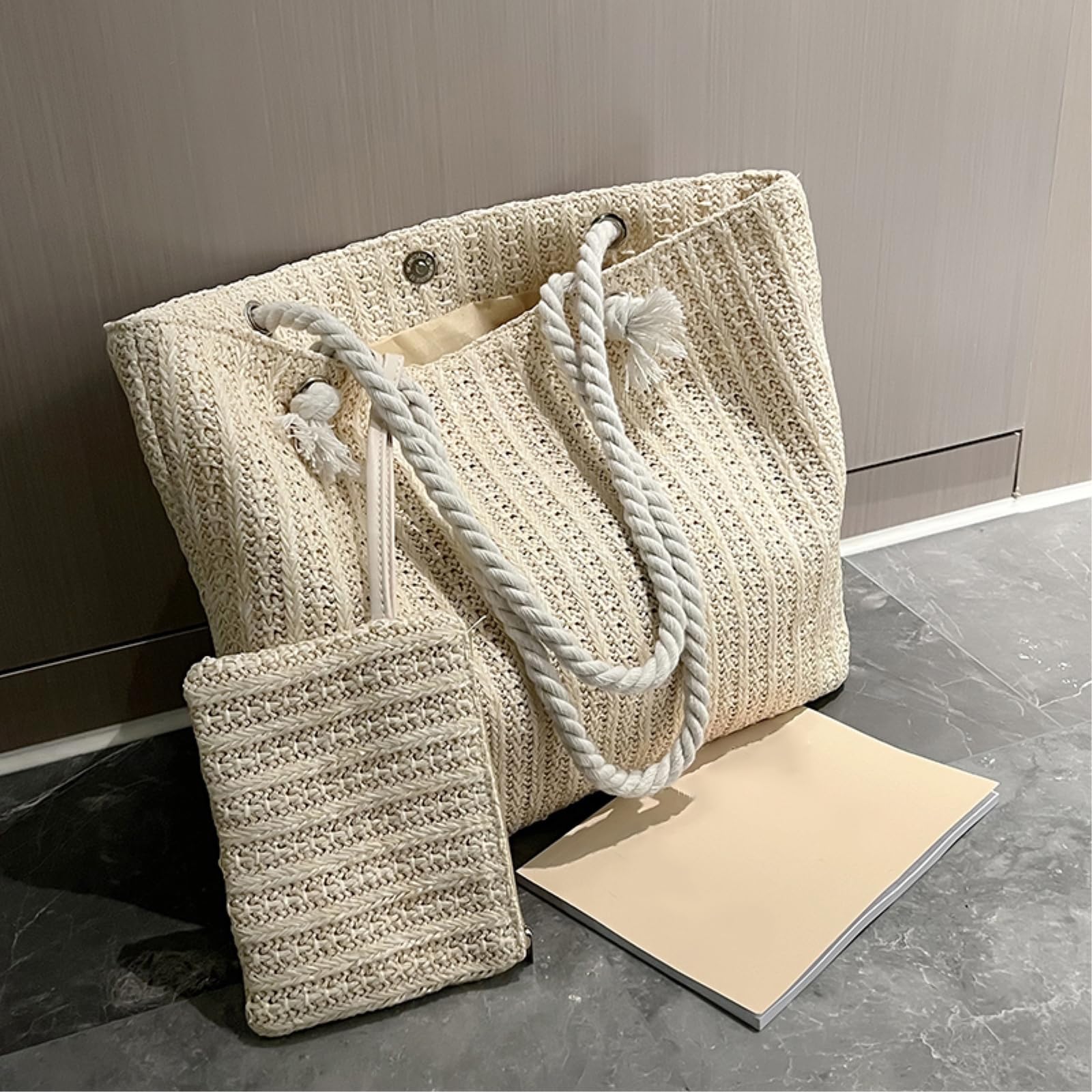 Borsa Spalla Paglia Tessuta con A di Spiaggia Grande capacità Maniglie Corda Spessa della Abbinamento per Lo Shopping Viaggio-setbeige
