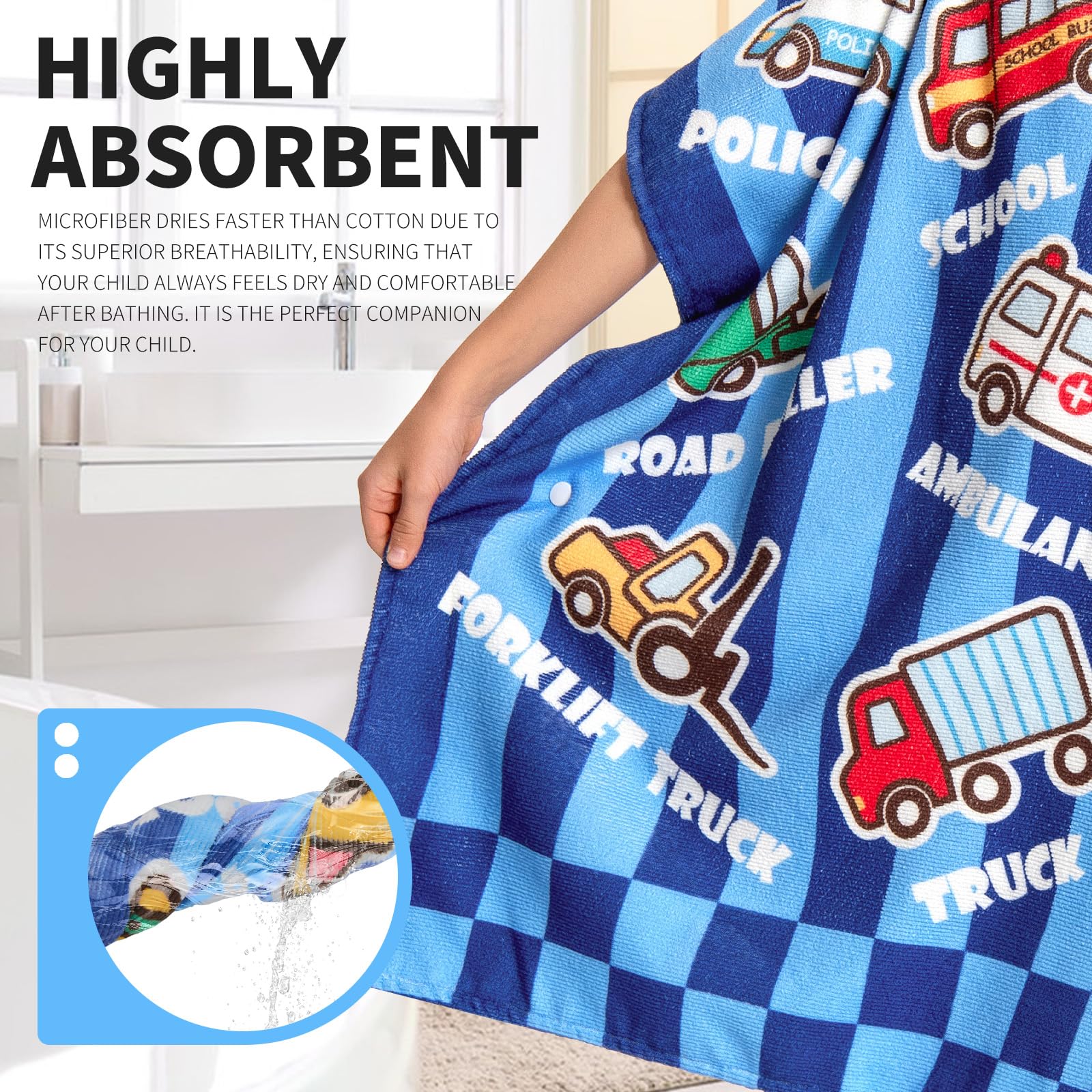 OLAOLA Kids Poncho Towel Hooded Beach Changing Robe Children Absorbent Bath Towels Swimming Wrap for Boys Girls 3-12 Years, Car - Image 2