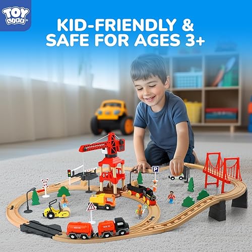 Miniatura 8 de TOY Life Juego de tren de 81 piezas con grúa y locomotora, juguete de tren de madera para niños y niñas de 3, 4, 5, juguetes de madera, regalo para