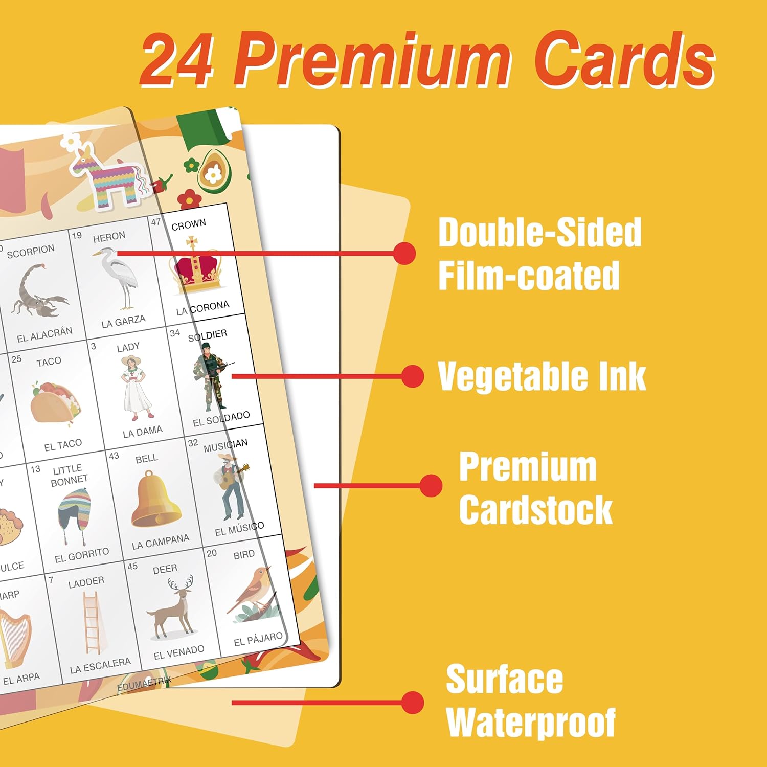 Mexican Loteria Bingo Board Game, Bilingual English Spanish, 24 Game Sheets with 6 Designs for Kids Ages 5+, Adults & Seniors Learning Game for Classroom, Parties & Family Night
