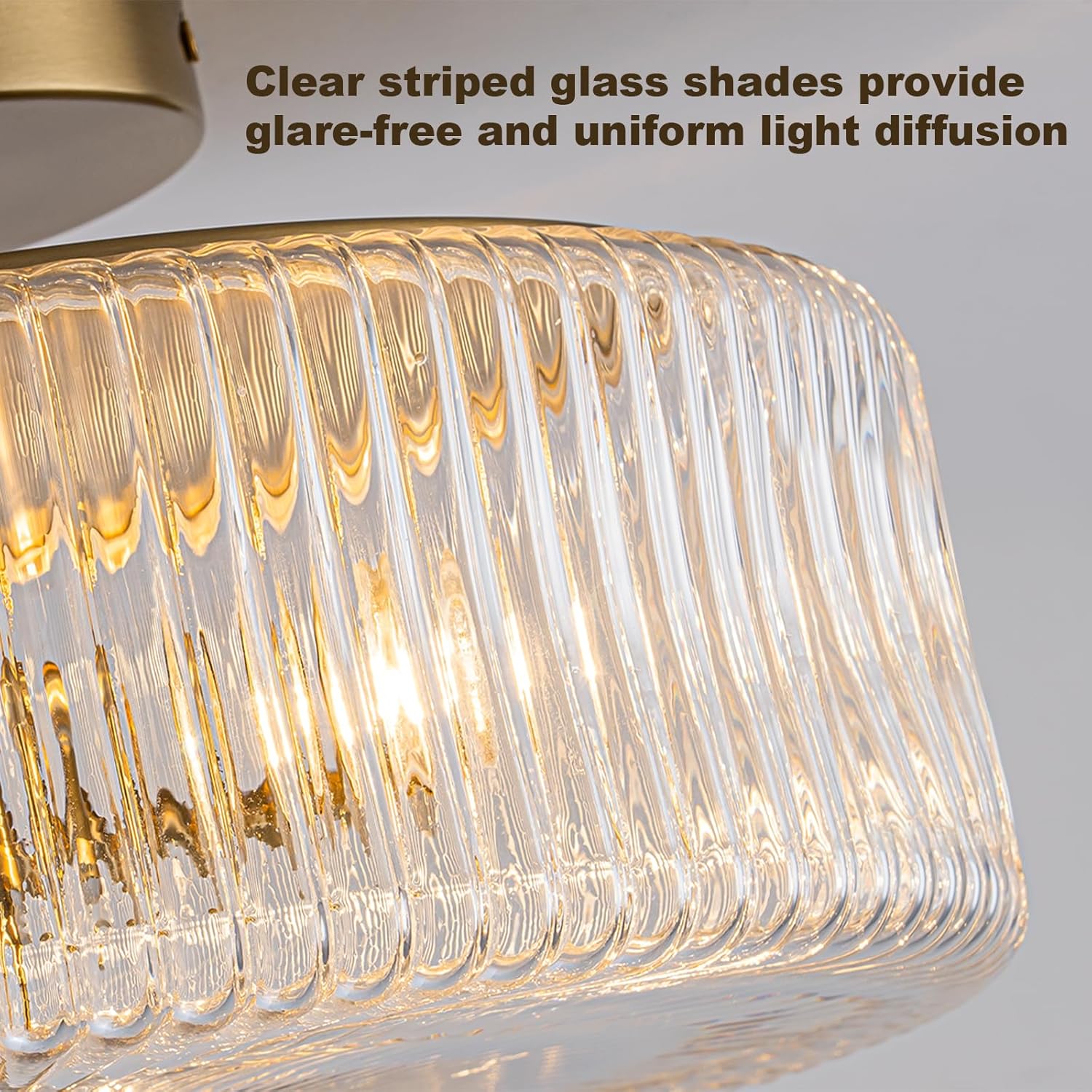 Mid-Century Modern Gold Semi Flush Mount Ceiling Light,3-Light Kitchen Ceiling Light Fixture with Clear Striped Glass Shades,for Bedroom,Hallway,Entryway (13.9 inch)