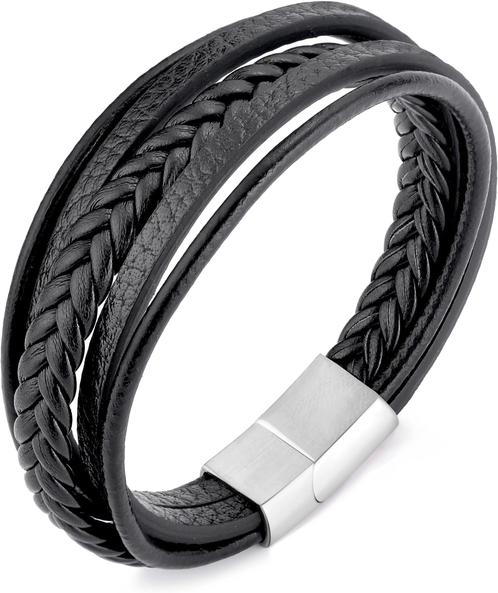 Men's Genuine Black Leather Bracelet with Stainless Steel Clasp