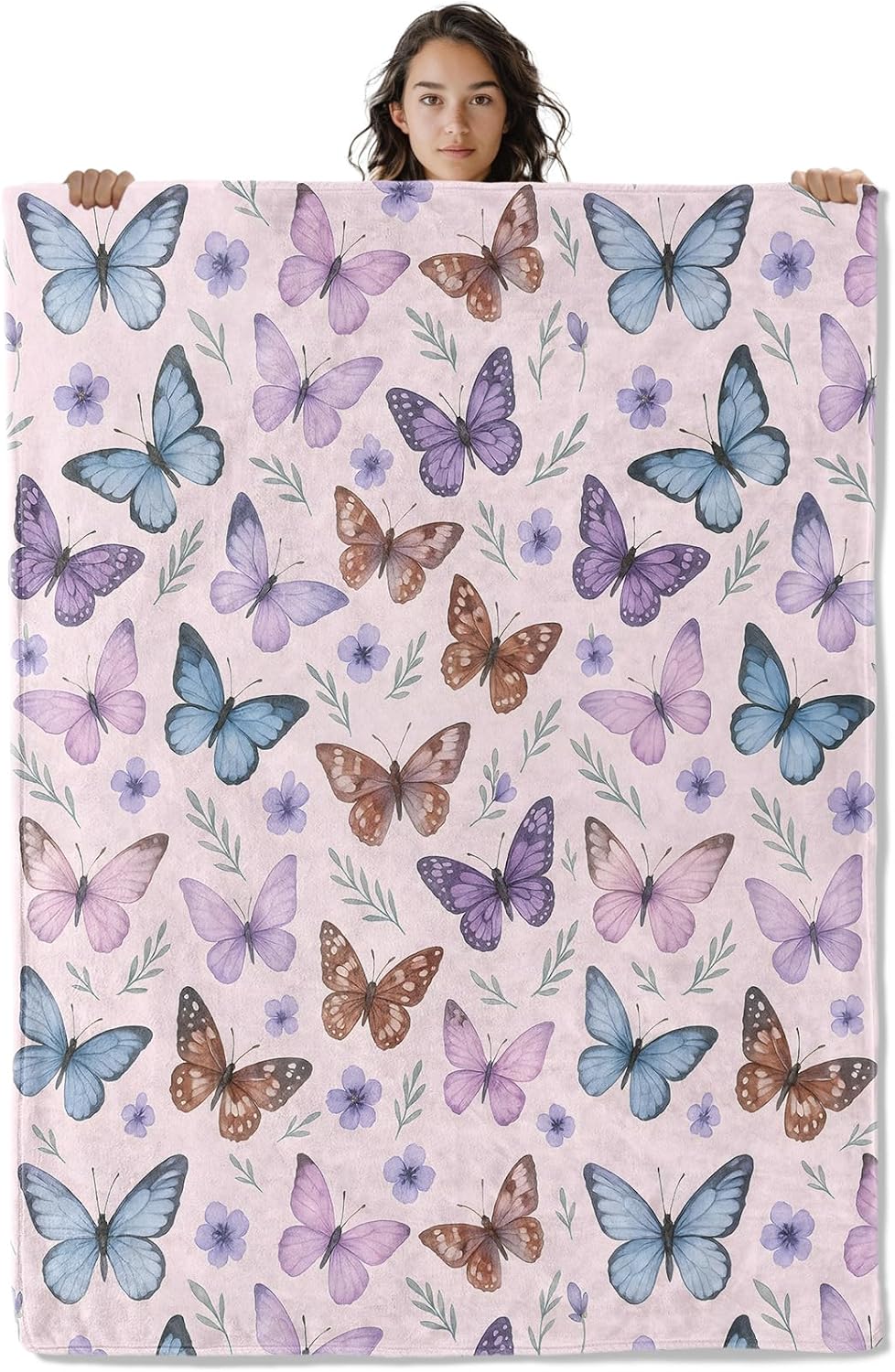 Elegant Butterfly Blanket, Pastel Floral Style 60 x 50 Inch Flannel Throw Blanket, Gifts for Women Kids, Lightweight Cozy Warm Blankets for Sofa Travel Home Decor
