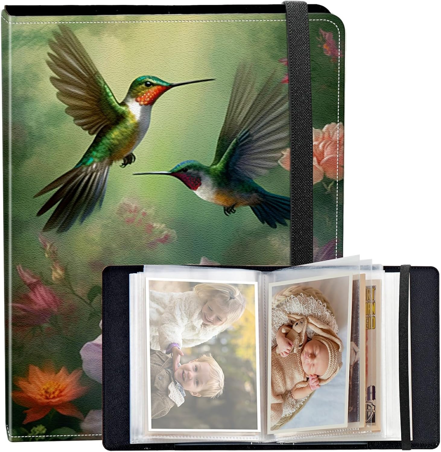 Photo Album 4x6 120 Photos Small Capacity PU Leather Cover, Painting Hummingbird Flowers Mini Photo Album 4x6 with Elastic band, Birthday Christmas Photo Albums Wedding Anniversary
