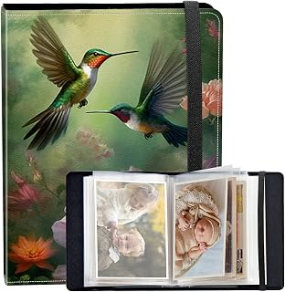 Photo Album 4x6 120 Photos Small Capacity PU Leather Cover, Painting Hummingbird Flowers Mini Photo Album 4x6 with Elastic band, Birthday Christmas Photo Albums Wedding Anniversary