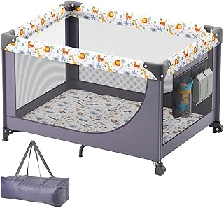 VEVOR Baby Travel Crib and Play Yard, Folding Baby Playpen with Soft Mattress Pad, Portable Toddlers Crib with Breathable Mesh and Travel Bag, Indoor/Outdoor Kid Activity Center for 0-36 Months Babies