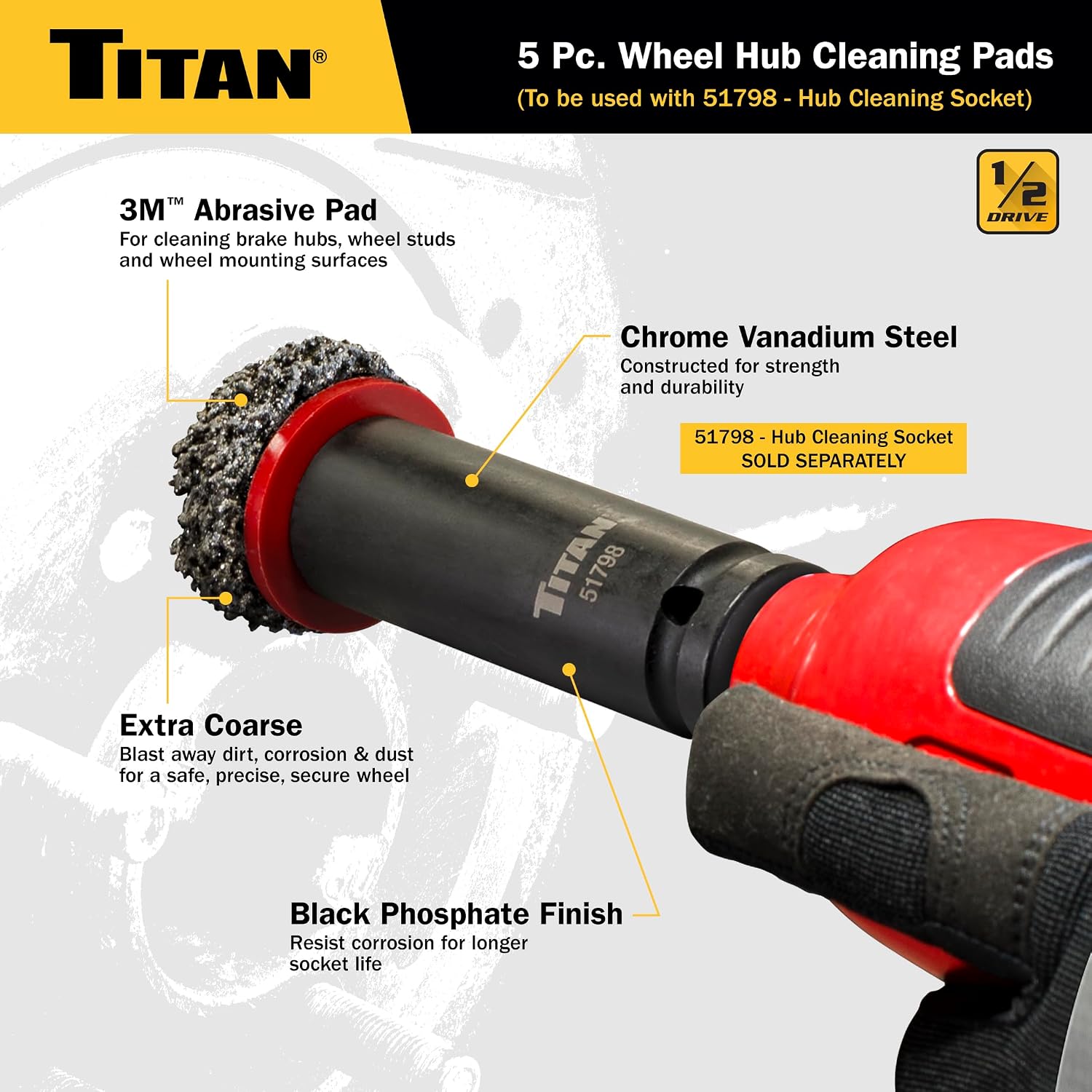Titan 51799 5-Piece Wheel Hub Cleaning Pads Set, For use with Titan 51798 1/2-Inch Drive Impact Socket