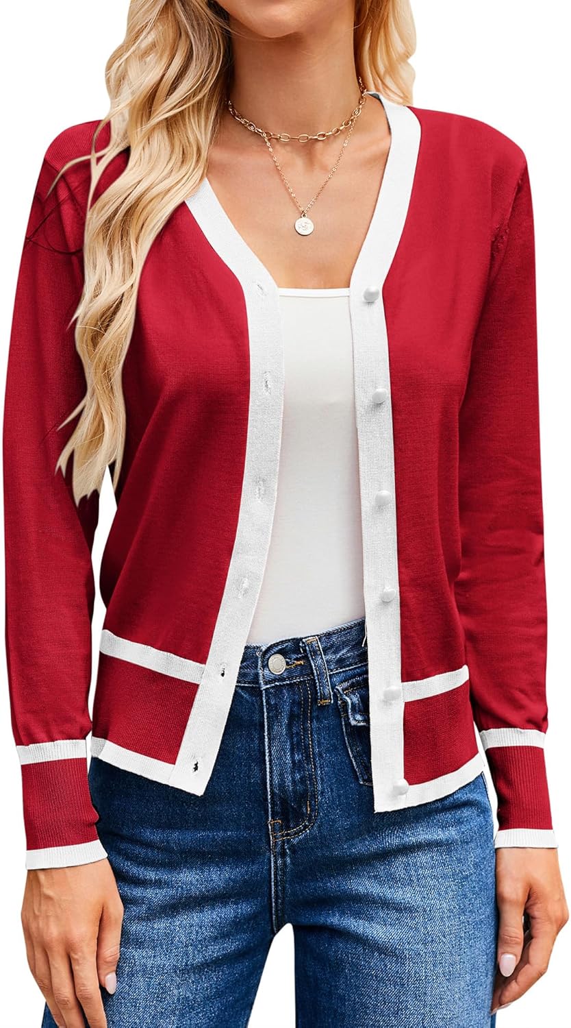 GRACE KARIN Womens Cardigan Contrast Color Block Sweaters Lightweight Long Sleeve Cropped Cardigan V-Neck Striped Shrugs