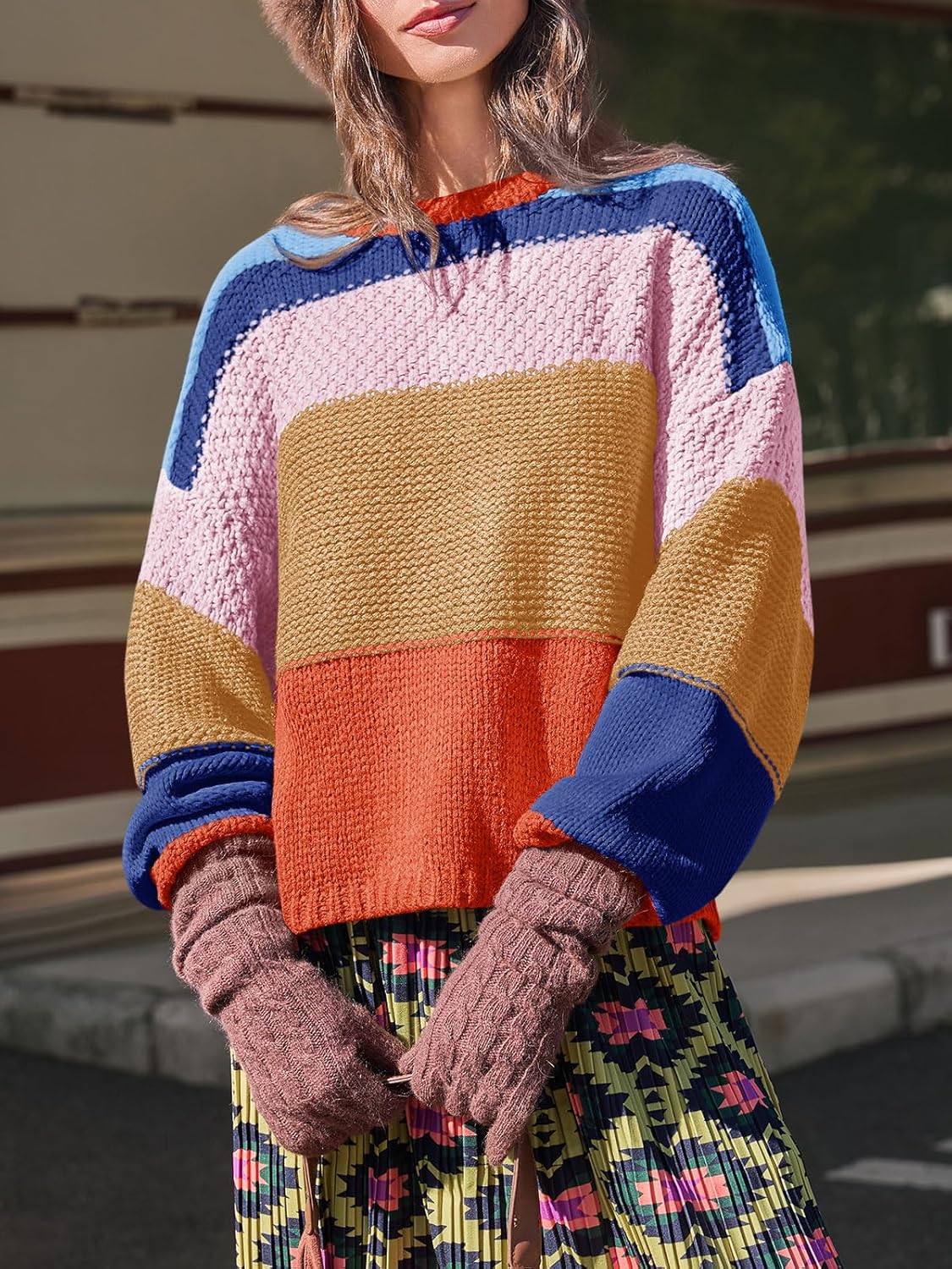 Saodimallsu Womens Color Block Cropped Sweaters 2025 Winter Trendy Casual Oversized Y2k Going Out Striped Pullover Tops - Image 3