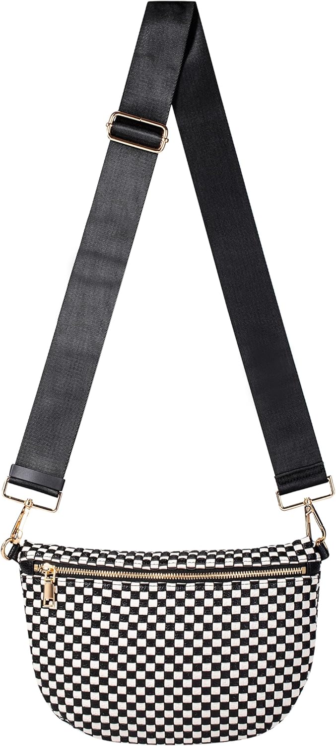 Woven Crossbody Bag for Women, Checkered PU Bum Bag Sling Purse with Adjustable Strap for Travel, Festivals