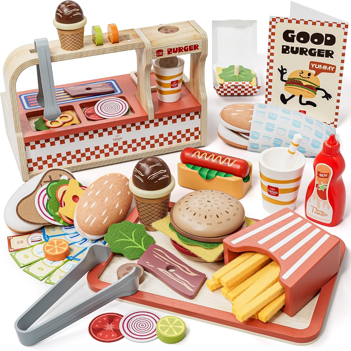 Wooden Fast Food Play Sets, Pretend Play Food Set for Kids | Restaurant Playset with Hamburger Counter, Sandwich, Ice Cream, Menu and Play Money, Kitchen Toys Fake Food for Toddlers 3-5