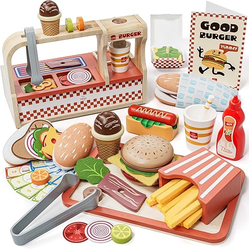 Lehoo Castle Wooden Play Food Sets, Play Hamburger Counter Shop, Toy Food for Toddlers, Play Food Sets for Kids Kitchen, Fake Food Pretend Play for Toddlers 3-5