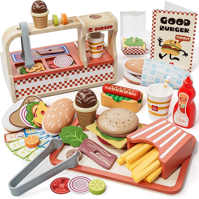 Wooden Fast Food Play Sets, Pretend Play Food Set for Kids | Restaurant Playset with Hamburger Counter, Sandwich, Ice Cream, Menu and Play Money, Kitchen Toys Fake Food for Toddlers 3-5
