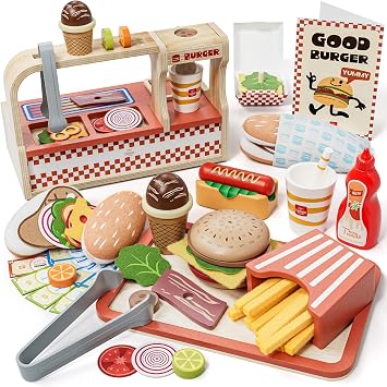 Lehoo Castle Wooden Play Food Sets, Play Hamburger Counter Shop, Toy Food for Toddlers, Play Food Sets for Kids Kitchen, Fake Food Pretend Play for Toddlers 3-5