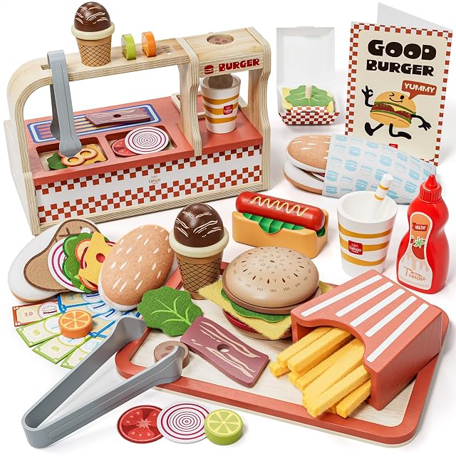 Lehoo Castle Cocinita Infantil, Cocina Juguete de Madera, Juego de Comida de Hamburguesa