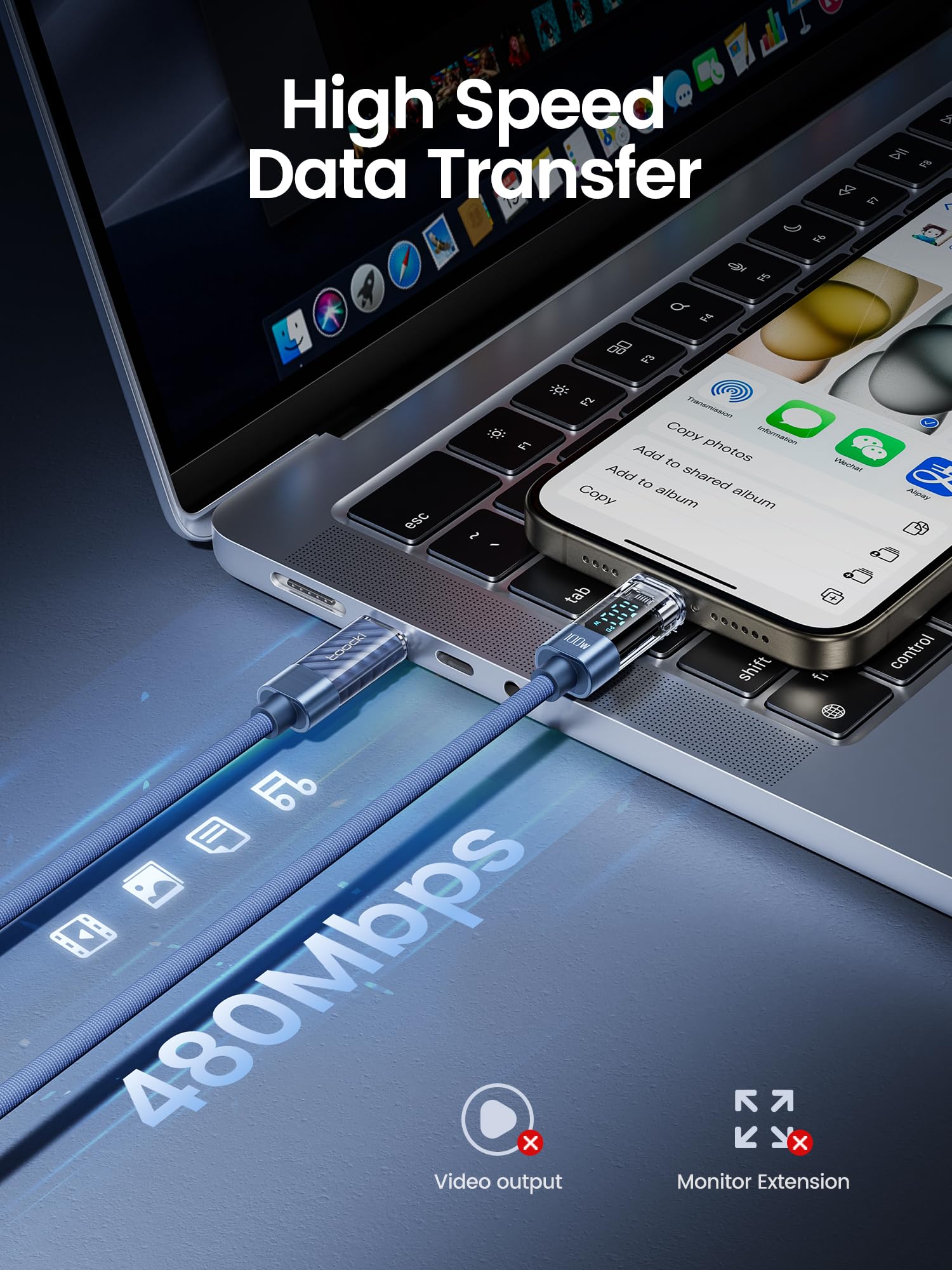 toocki 100W USB C to USB C Cable, 3.3FT 5A Fast Charging USB C Cable with LED Display, Nylon Braided Type C Cable for iPhone 15/Pro/Plus/Pro Max, MacBook, iPad Pro/Air, Samsung S23/S22,Google Pixel Product Image 6