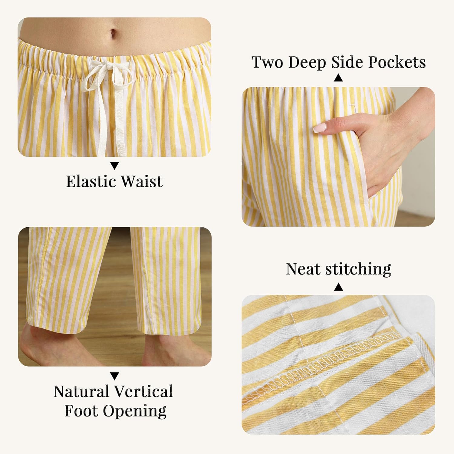 U2SKIIN Womens Striped 100% Cotton Pajama Pants, Soft Lounge Pj Bottoms with Pockets Lightweight - Image 3