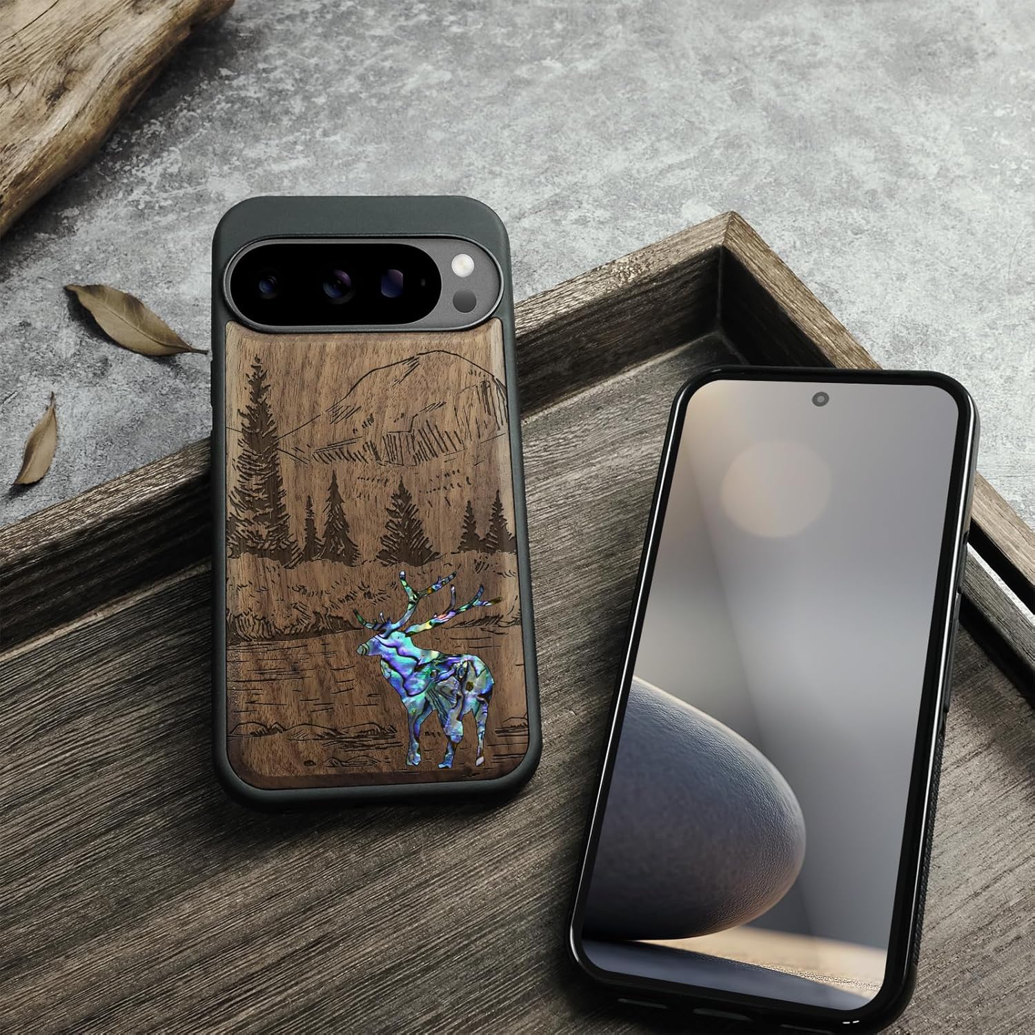 Carveit Magnetic Wooden Case for Pixel 10 / Pixel 10 Pro Case, Wood Artisan Engraved & Handmade Shell Inlaid, Compatible with MagSafe Wireless Chargers, Forest Deer - Walnut