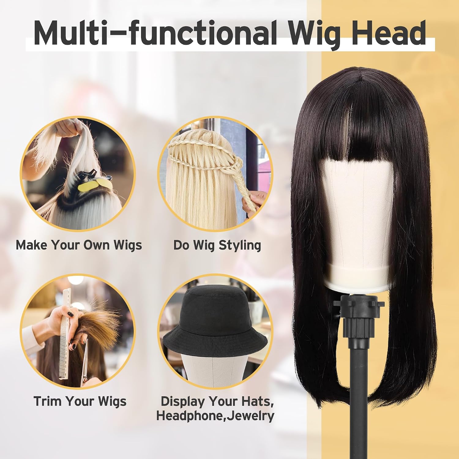 Klvied Wig Mannequin Stand for Desktop, Dual-use 22 Inch Canvas Wig Head Display, Adjustable Clamp Wig Holder, Manikin Head Stand Set for Cosmetology Hairdressing Training with Carrying Case