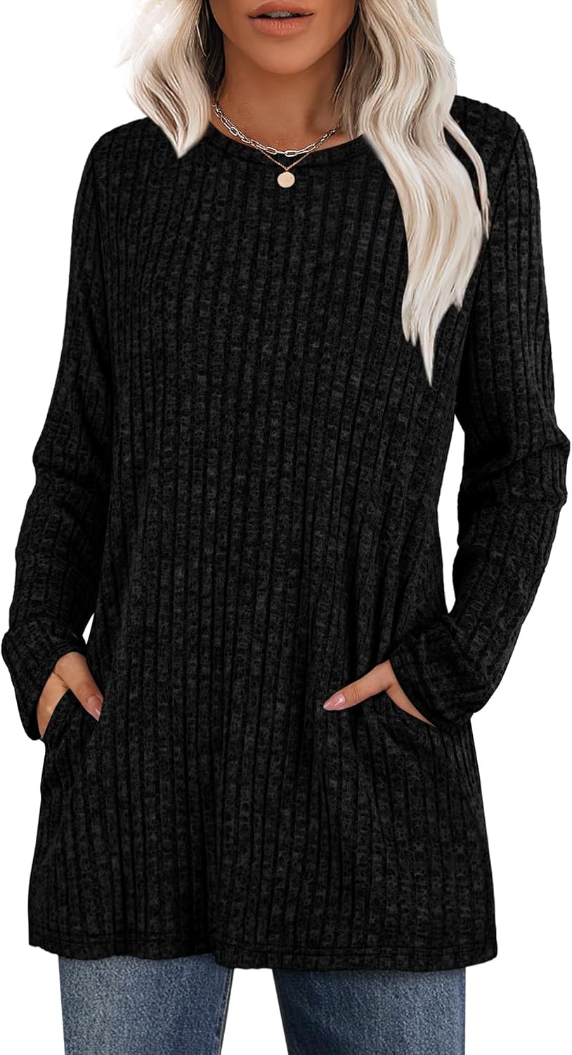XIEERDUO Long Sleeve Shirts for Women Crewneck Tunic Tops Loose Fit Dressy Womens Sweaters with Pockets Fall Fashion 2025