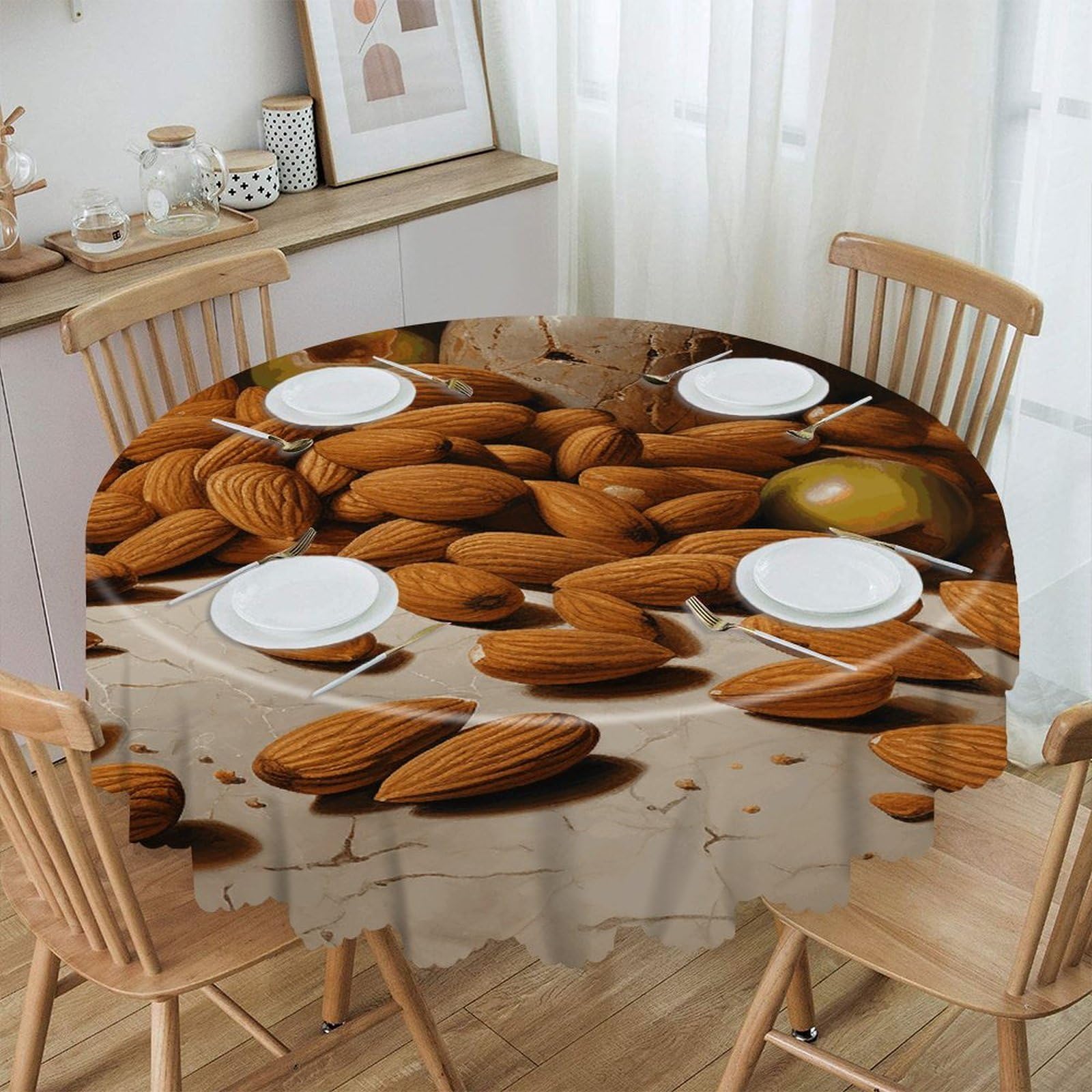 VstaDank Almonds and Jars Round Tablecloth 60 Inch Easy to Clean Circle Table Cover Thick Decorative Round Polyester Table Cloth for Dining Kitchen Party Farmhouse Outdoor