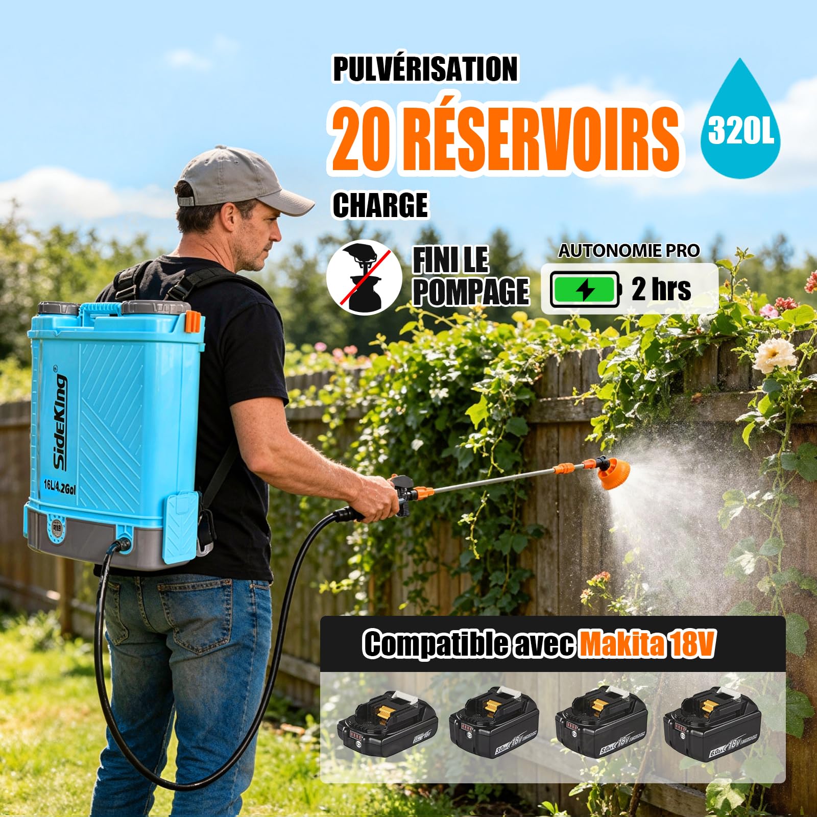 SideKing Pulvérisateur à Dos 16L, Pulvérisateur Électrique Compatible avec Makita 18V, Pression Réglable 7 Bar, Lance Télescopique, Soutien Lombaire, Pulvérisateur de Jardin pour Toiture & Terrasse
