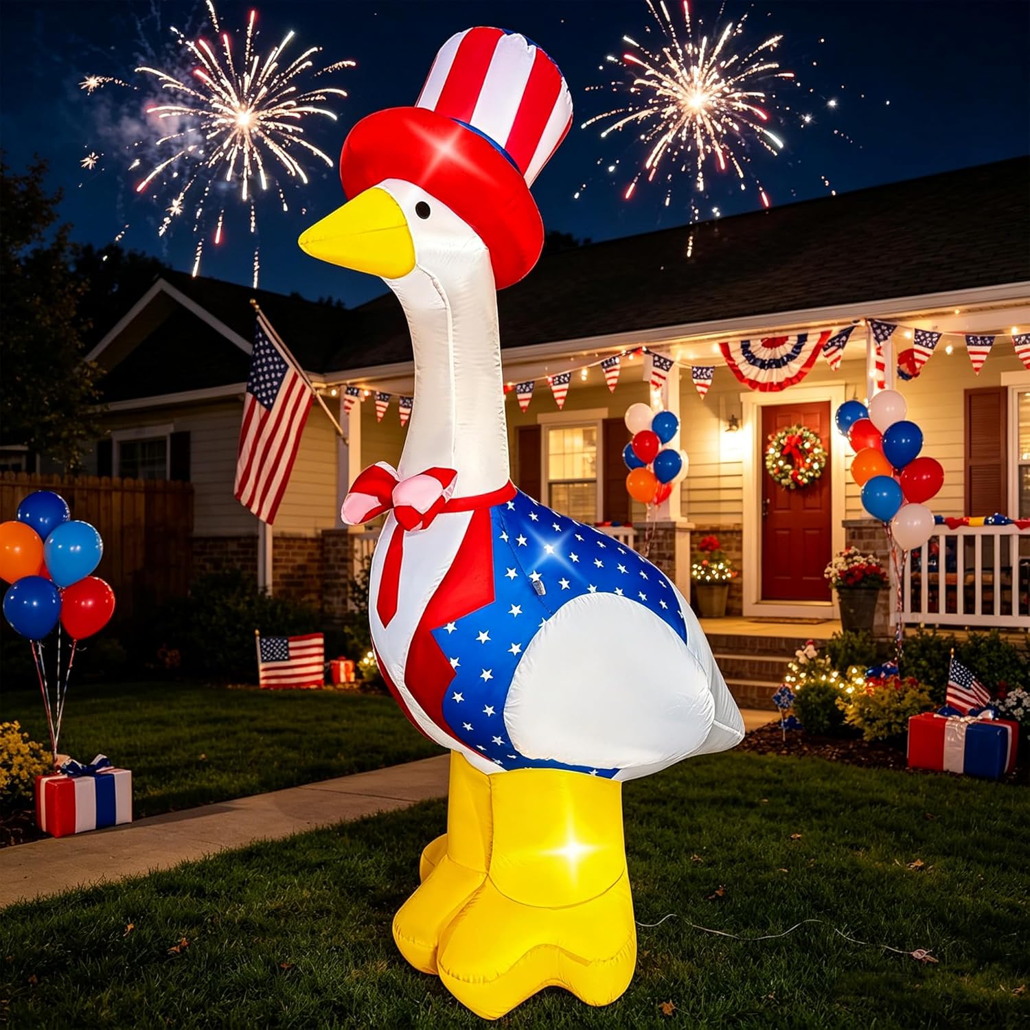 BLOWOUT FUN 4th of July Inflatables Outdoor Decorations 5FT Inflatable Goose Wear Hat Decor Patriotic Independence Day Build-in LED Blow Up Lighted for Indoor Outdoor Party Garden Yard Lawn