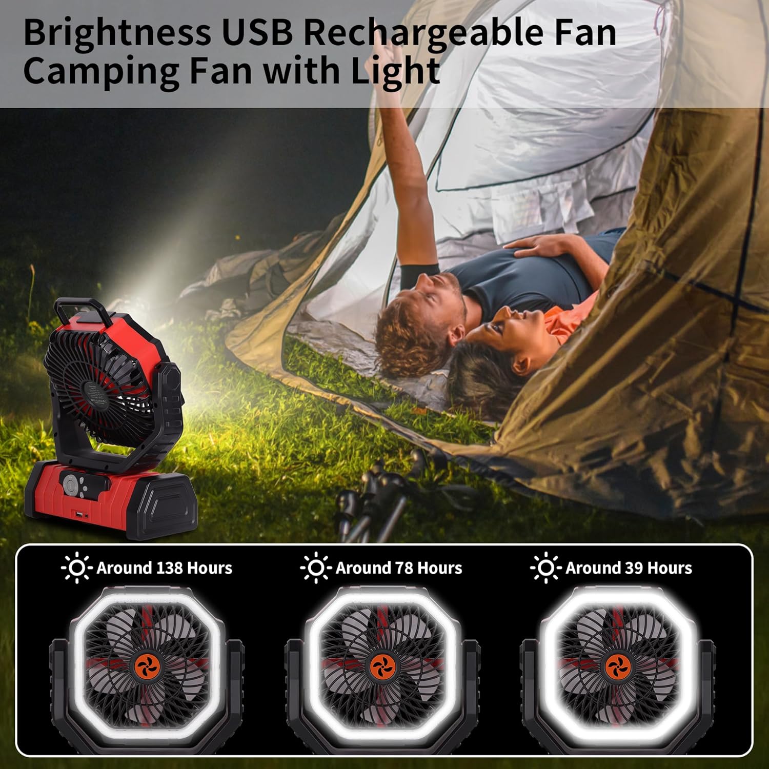 Battery Powered Fan Portable,20000mAh Rechargeable Camping Fan with LED Lantern,Auto-Oscillating USB Personal Battery Operated Fans Portable for Tens & Hanging Hook (Red) - Image 4